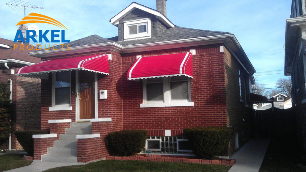 red metal awnings for windows and door